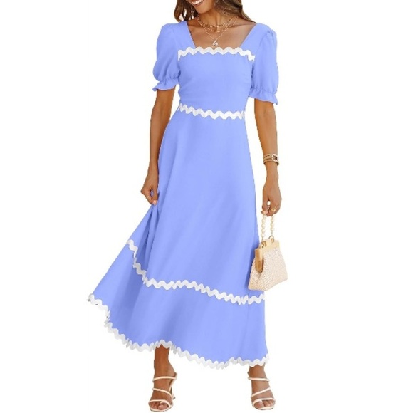 Brand New Blue Flowy Maxi Dress w/ White Ric Rac Tie Back Smocked Puff Sleeves - Picture 2 of 16